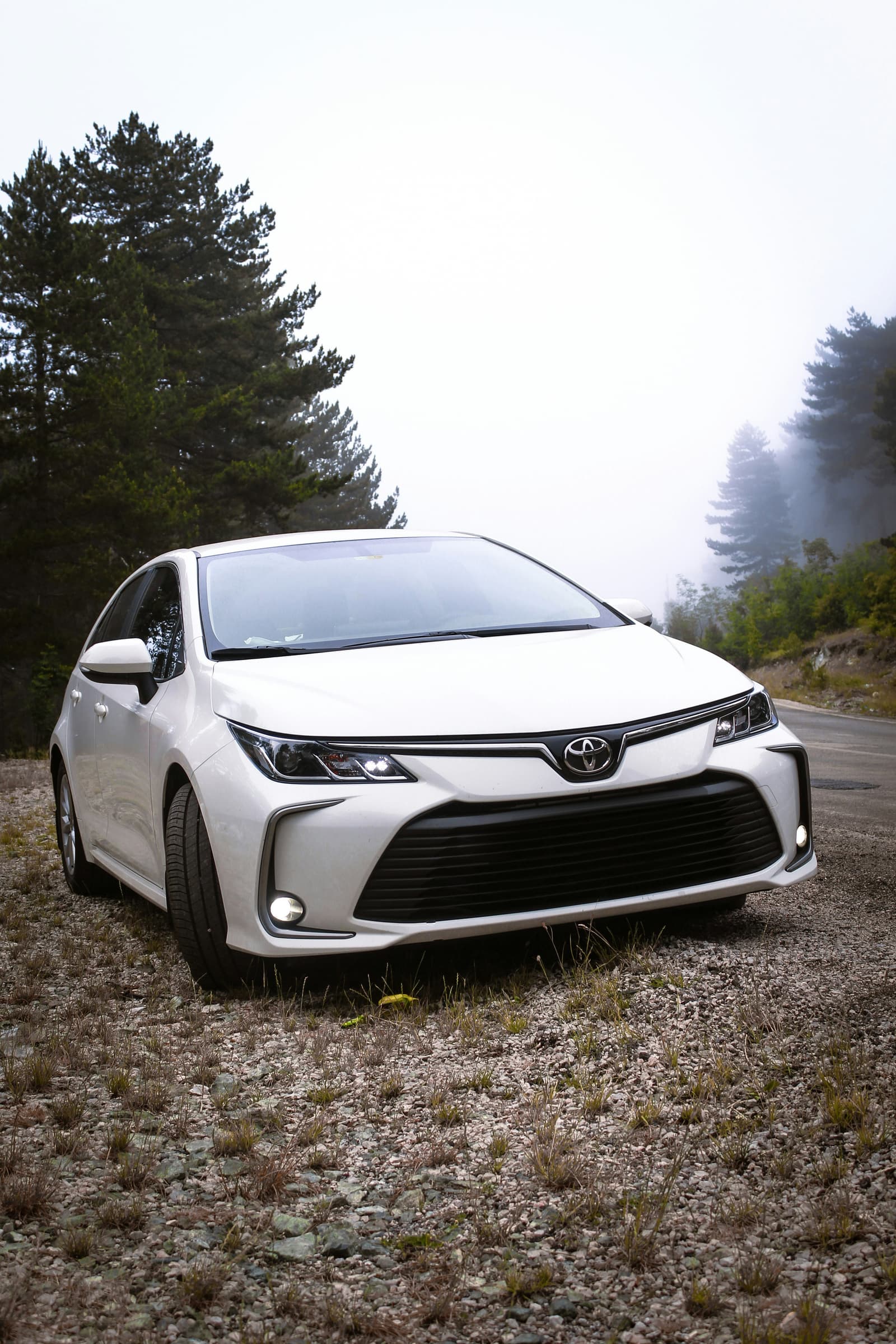 White Toyota Corolla sedan parked on a misty mountain road