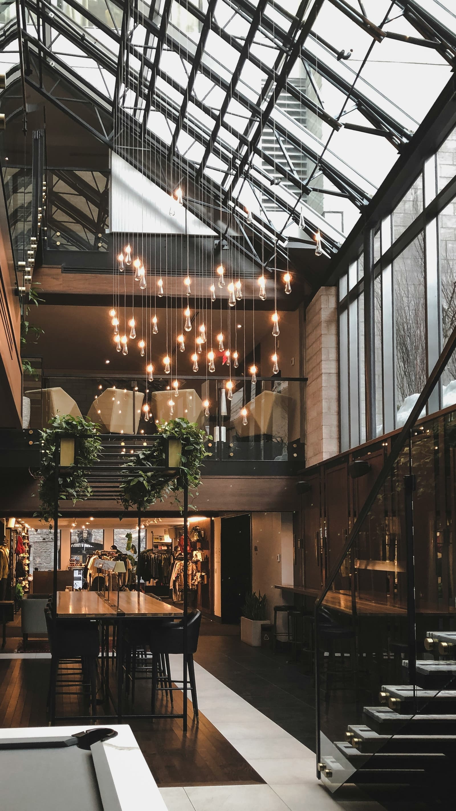 Atmospheric hotel bar and dining atrium